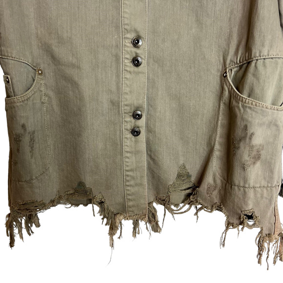 Free People Womens Moonchild Denim Shirt Jacket Small Green Shacket Distressed - Picture 3 of 6